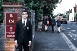 Aryan Gorai standing outside Aylesbury Grammar School gate on his first day at secondary school