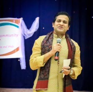 Tarak Nath Gorai wearing traditional dress giving keynote speaker at Aylesbury Indian Community AIC-Diwali-2019 KeyNote