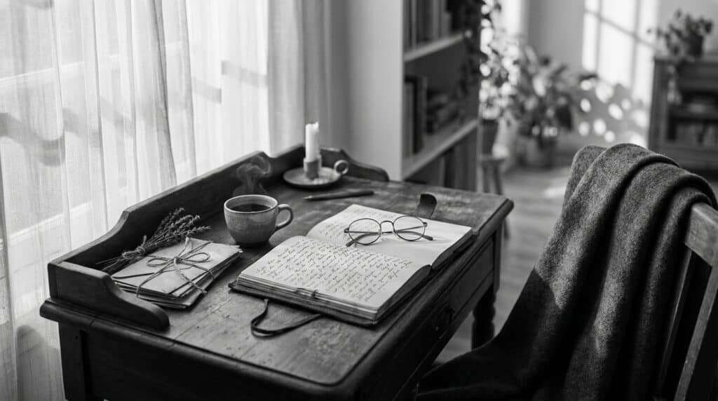 A vintage writing desk by a window with an open notebook, a cup of tea, letters tied with twine, and a folded woollen throw