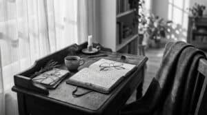 A vintage writing desk by a window with an open notebook, a cup of tea, letters tied with twine, and a folded woollen throw