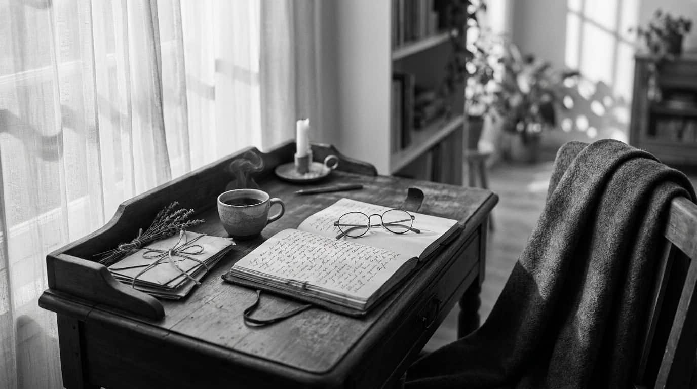 A writing desk by a window with an open notebook, a cup of tea, letters tied with twine, and a folded woollen throw