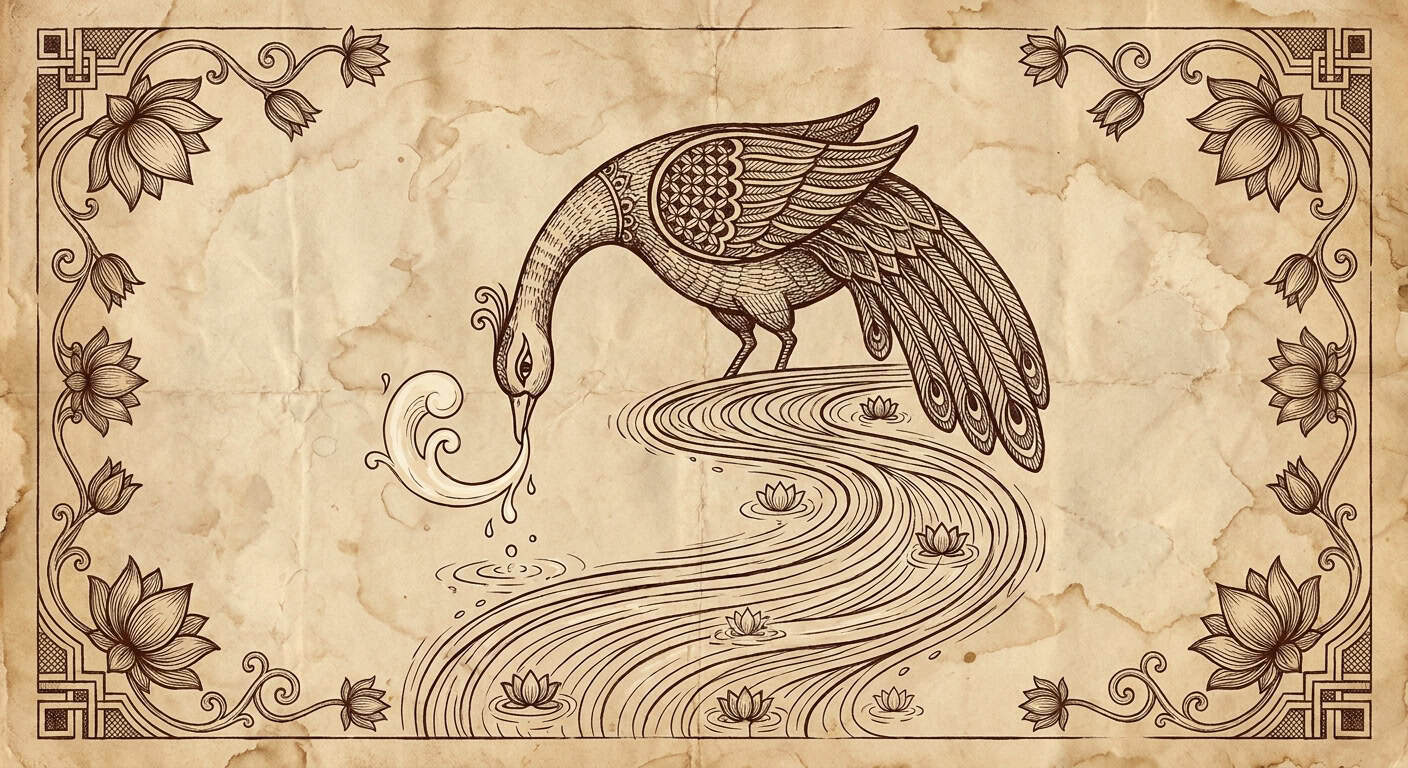 A pen-and-ink sketch of a hamsa swan separating milk from water