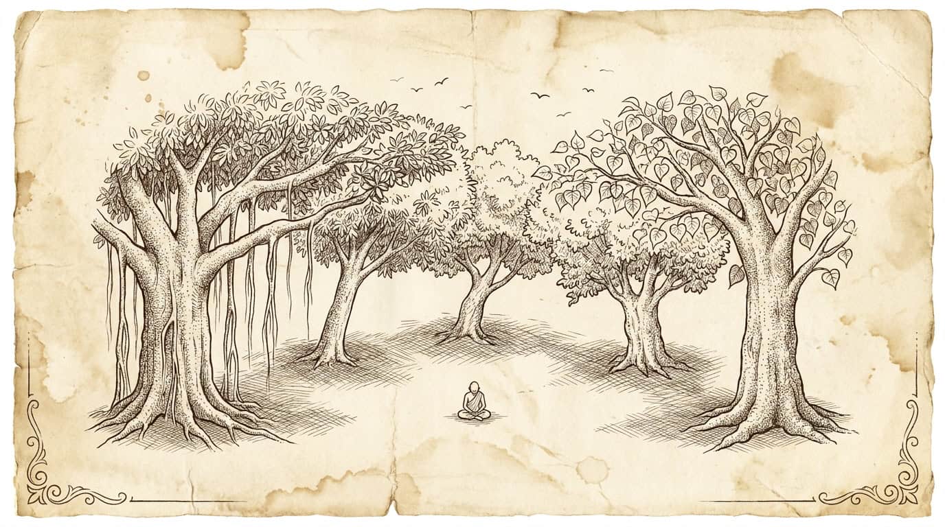 Pen-and-ink sketch of the Panchabati grove with a seated meditator beneath