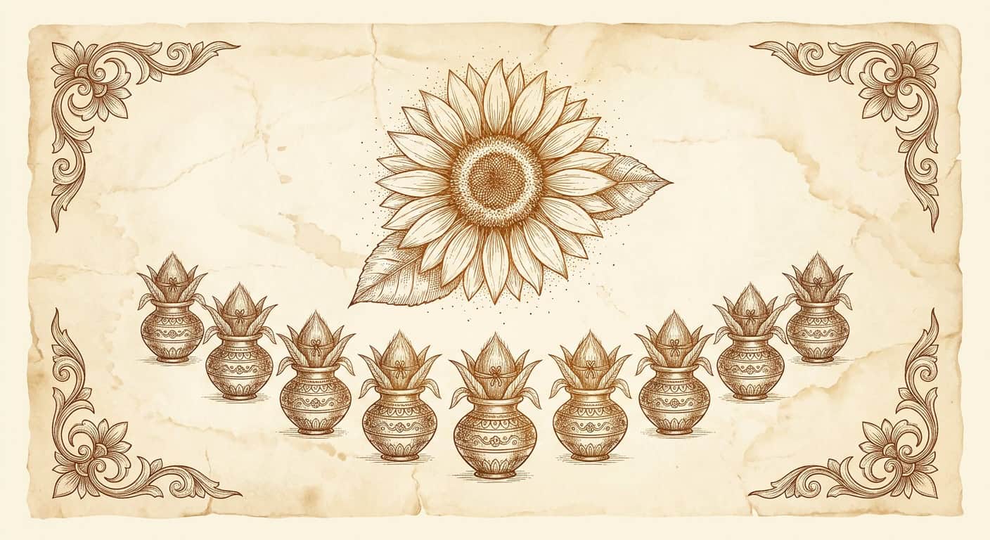 A pen-and-ink sketch of a sunflower above nine mangal ghats